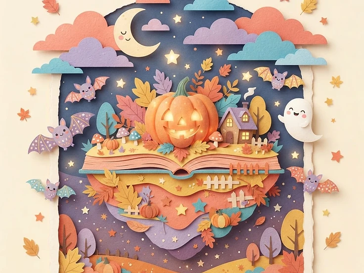 A friendly jack-o'-lantern on a floating story-book island with bats, a ghost, and a crescent moon