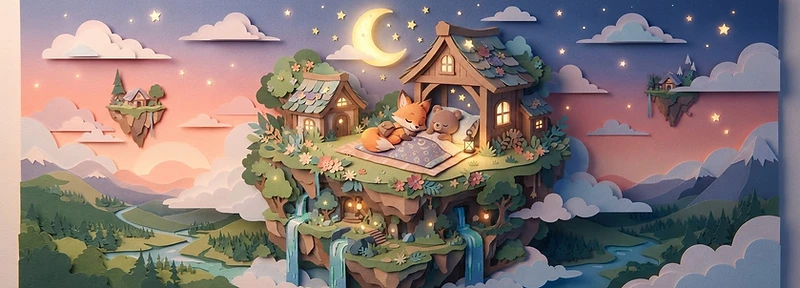 A peaceful sunset scene where the story characters sleep under a glowing moon