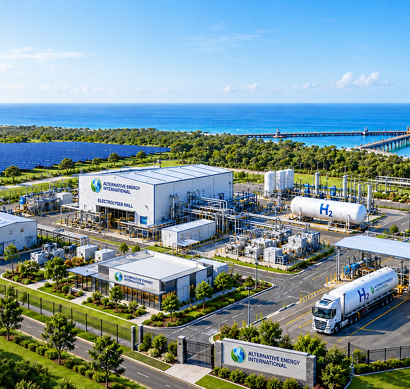 Aerial view of the Alternative Energy International hydrogen production facility on a coastline