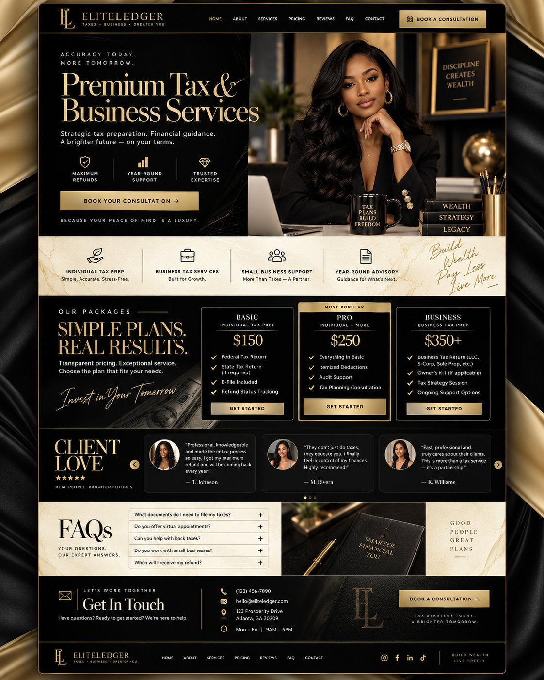 Homepage of the Elite Ledger Tax website concept, showing a professional tax and accounting services layout