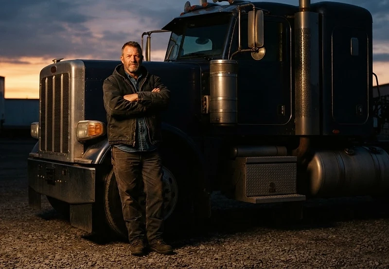 Professional freight truck driver ready for delivery at dawn
