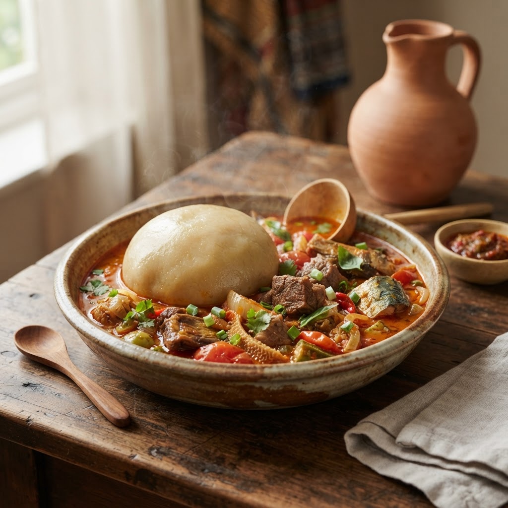fufu and light soup with assorted meat