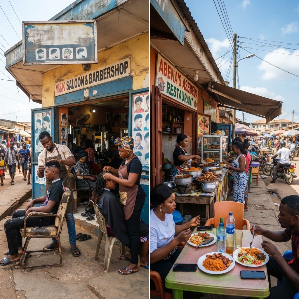 Kumasi barbershop salon exterior, stylish haircut, braiding
