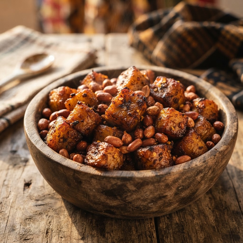 Kelewele, spiced fried plantain with roasted groundnuts