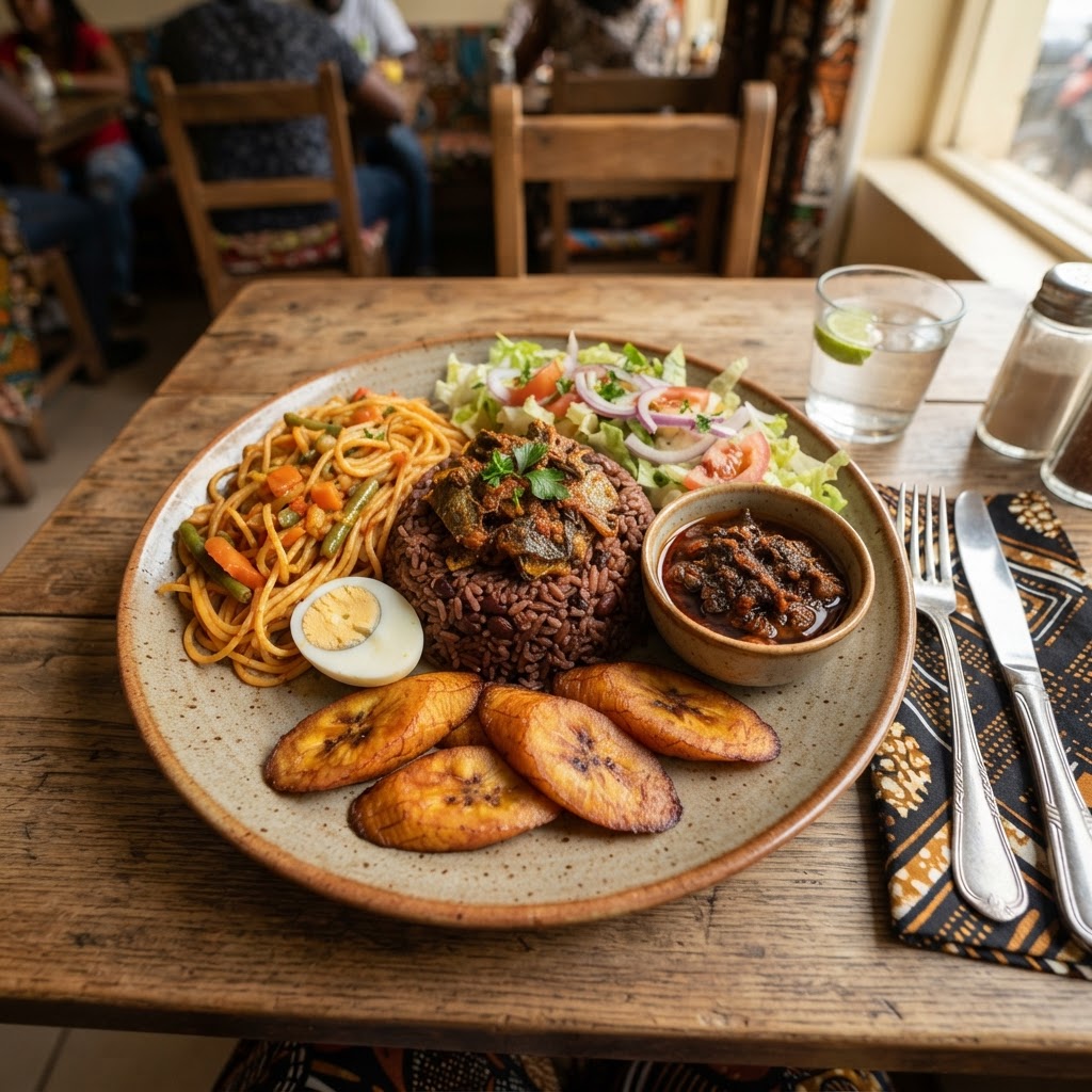 Waakye platter with rice, boiled egg, spaghetti and shito sauce