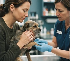 Mom at a vet appointment with a pet