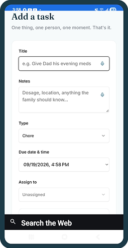 Add a task form with title, notes, type, due date and assignment