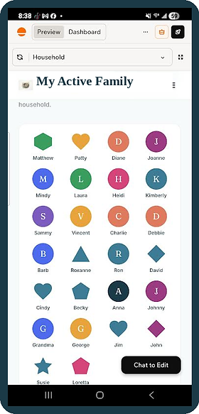 Household screen showing a large family of 26 members as colored avatar shapes