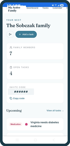 Household overview showing family members, open tasks and the invite code