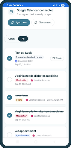 Task list with completed tasks checked off and a thank-you button