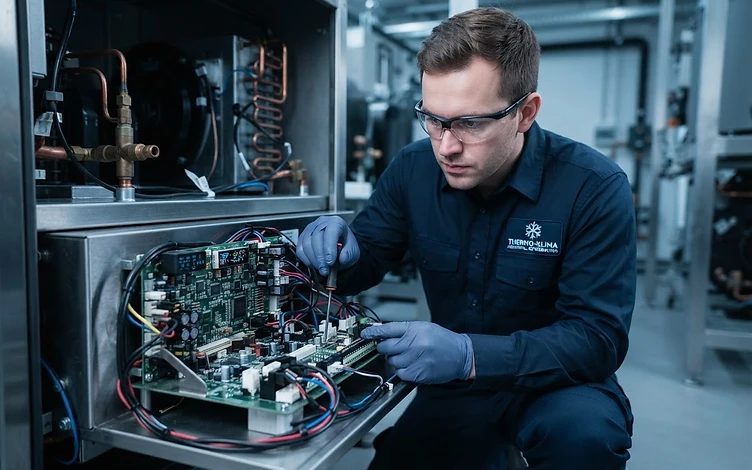 Refrigeration technician repairing circuit board
