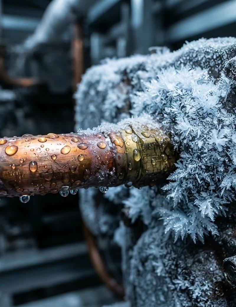 Frost-covered industrial refrigeration compressor