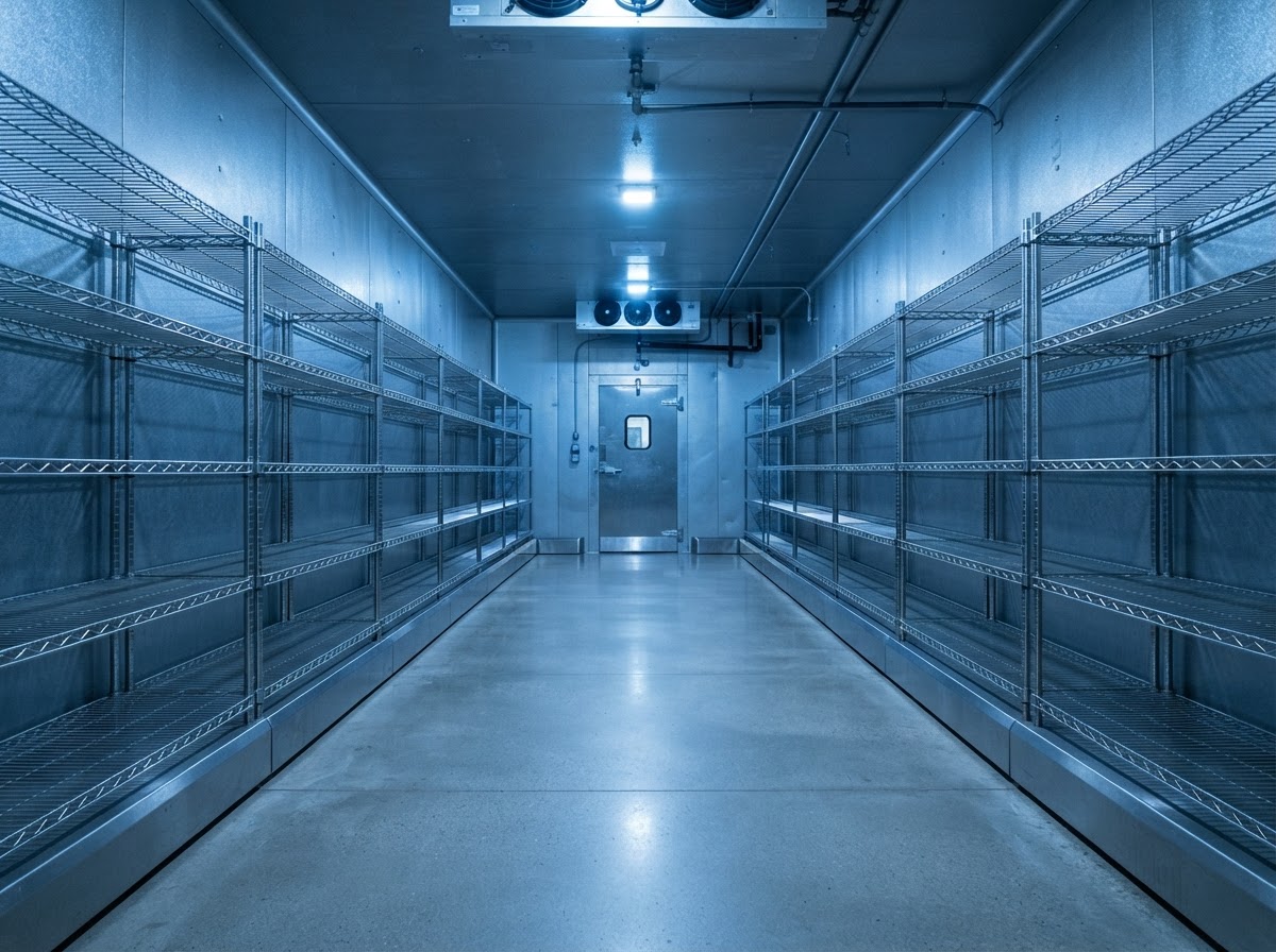 Pristine stainless steel walk-in cold room interior