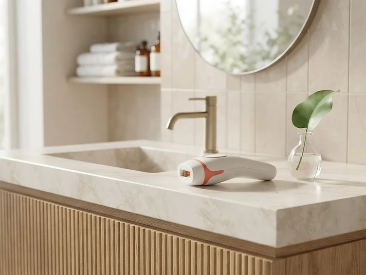 Minimalist marble bathroom vanity with the FlawlessGleam device resting on the counter