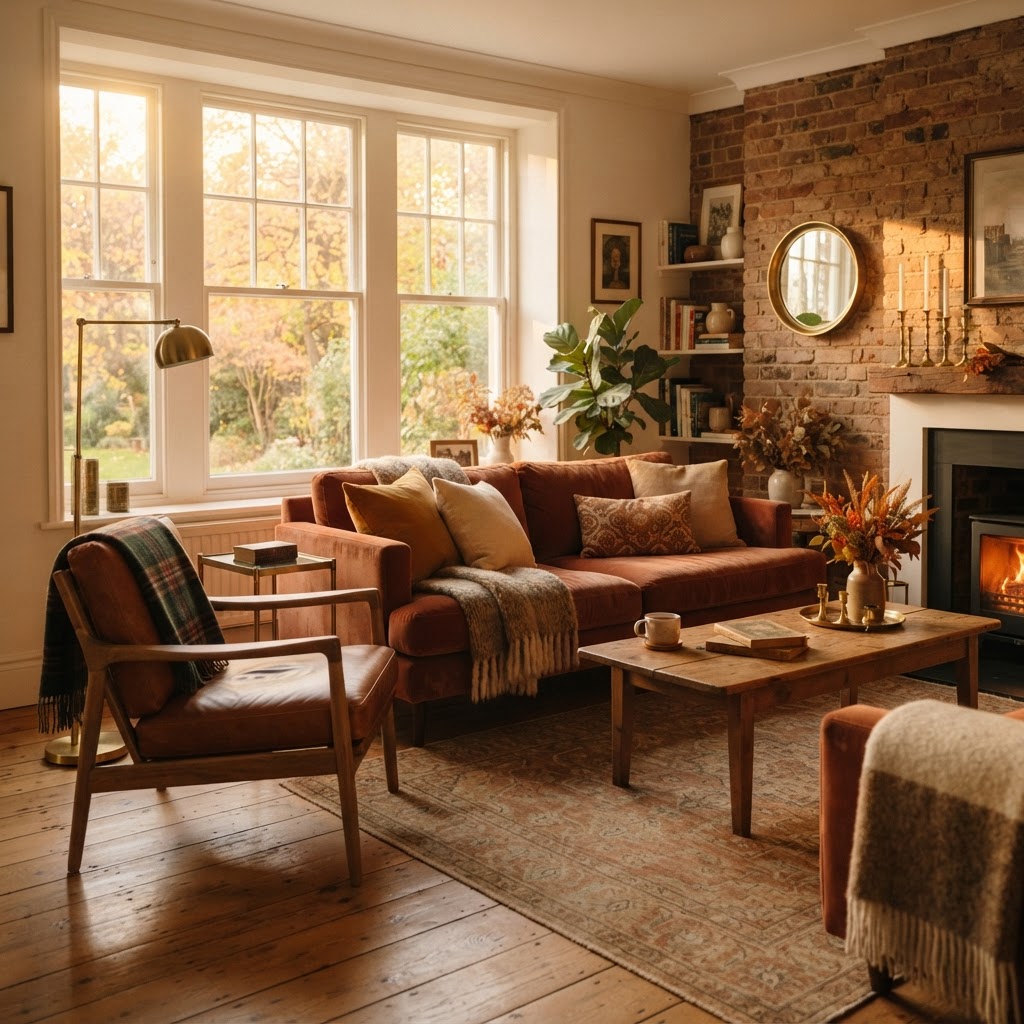 Warmly restored living room bathed in autumn golden-hour light