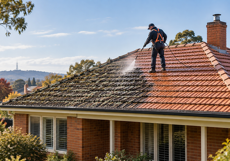Roof cleaning in progress — a worker pressure-washing moss off a tiled Ballarat roof, showing the contrast between dirty and clean tiles