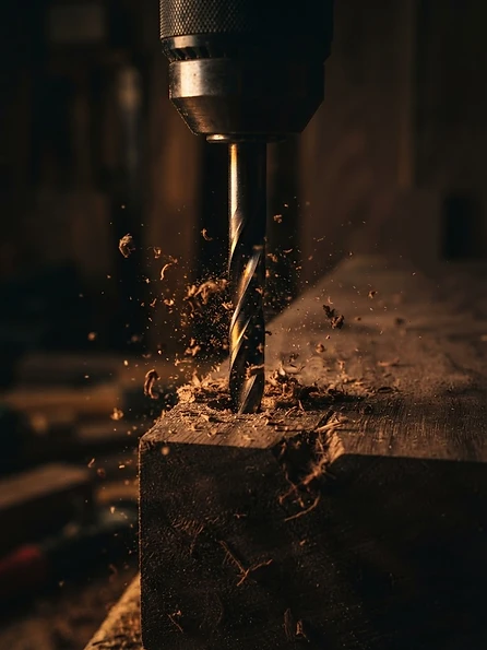 Drill bit entering dark walnut wood