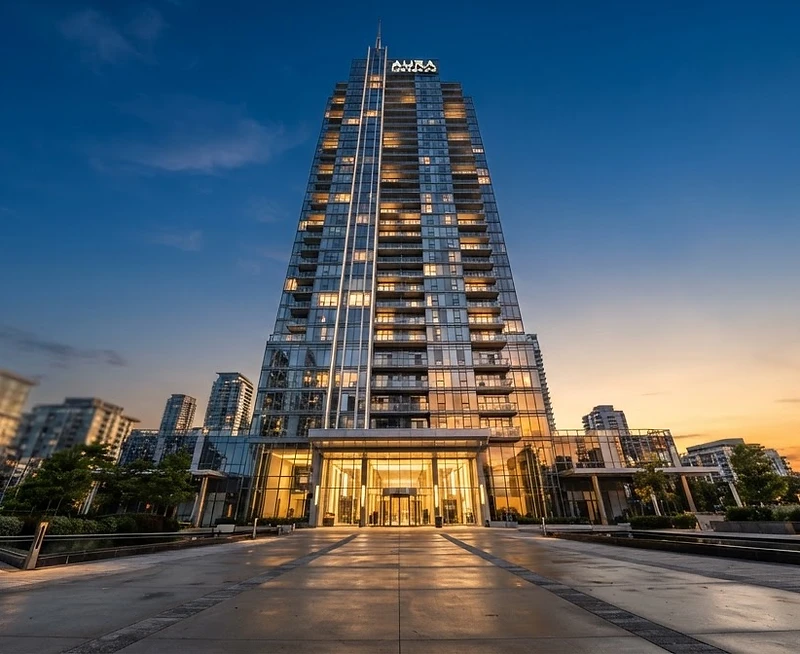 Modern glass and steel residential tower at golden hour