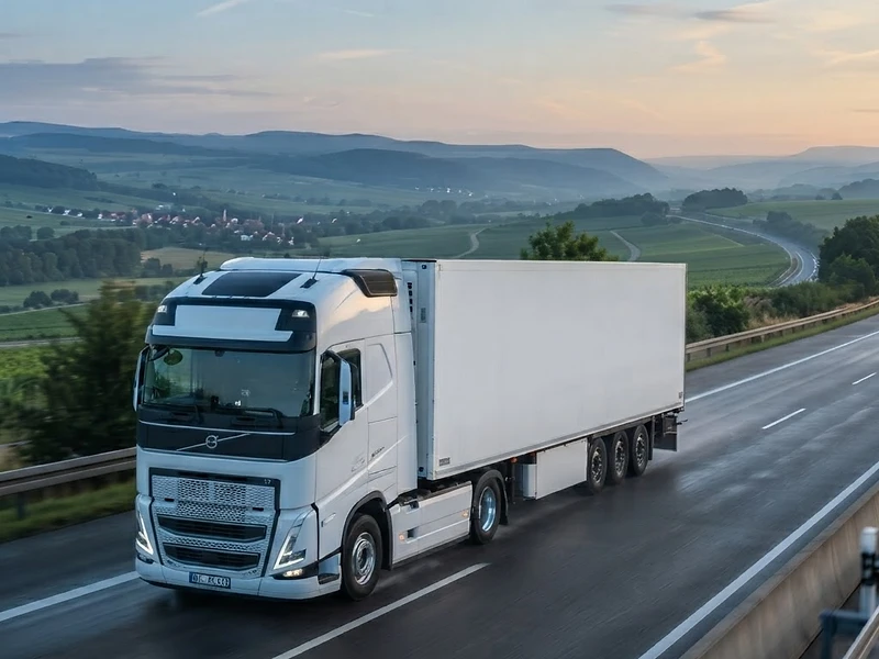 Lastbil på europeisk motorväg i gryningsljus