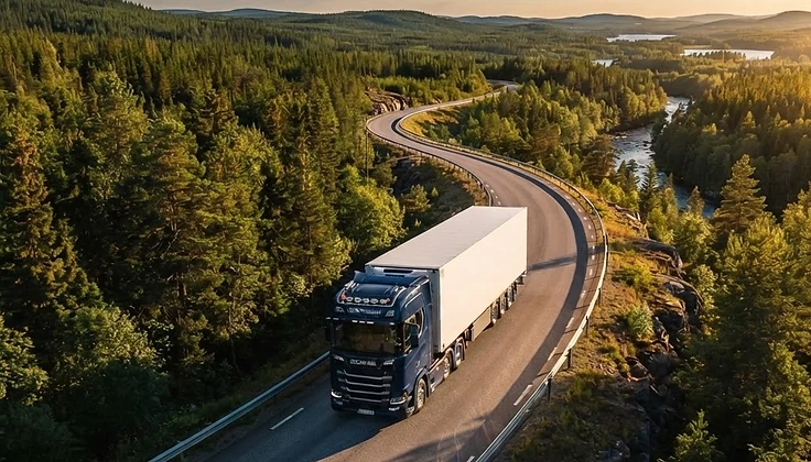 Lastbil på europeisk motorväg i gryningsljus