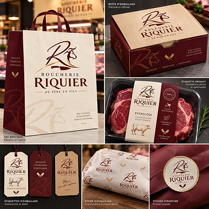 Emballage Boucherie Riquier — sac boutique, boîte, étiquettes, papier et sticker