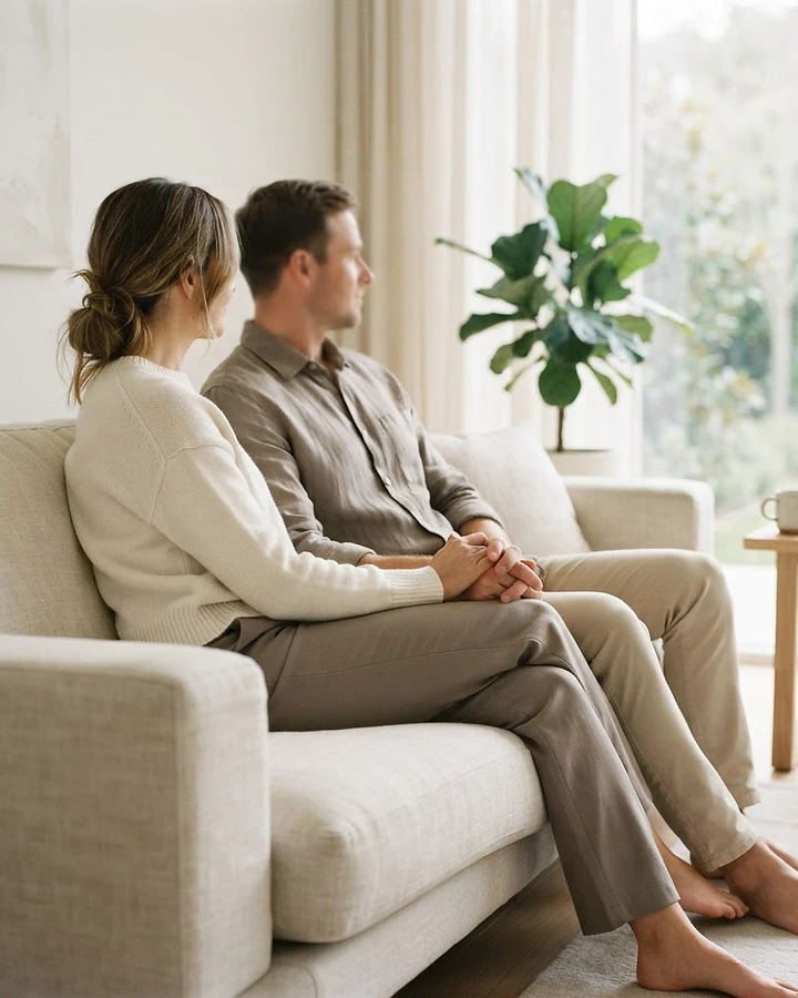 A fully clothed adult couple seated together in a calm, natural moment of connection