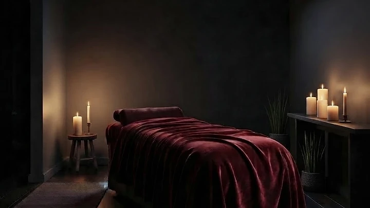 A moody, candle-lit therapeutic treatment room with a professional massage table
