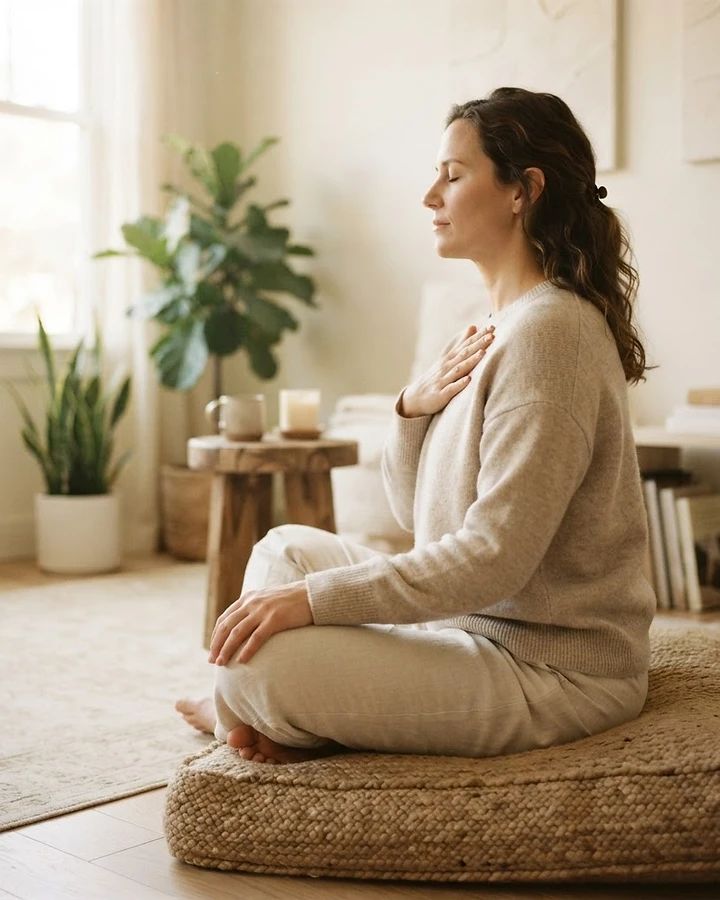 An adult practising relaxed breath awareness in a peaceful, sunlit setting