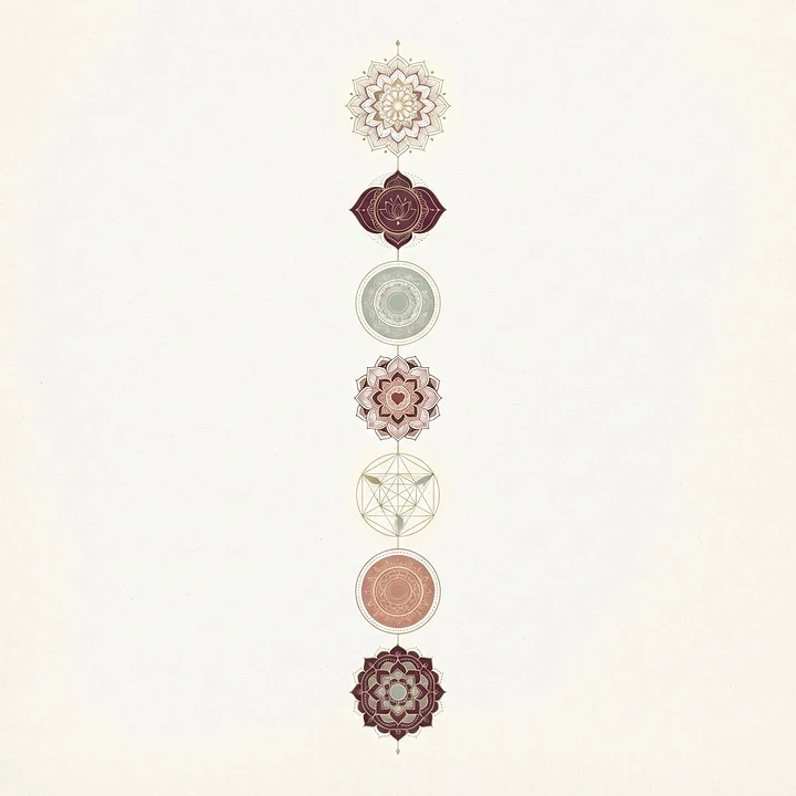 An elegant illustration of the seven chakra centres, presented as a traditional framework for reflection
