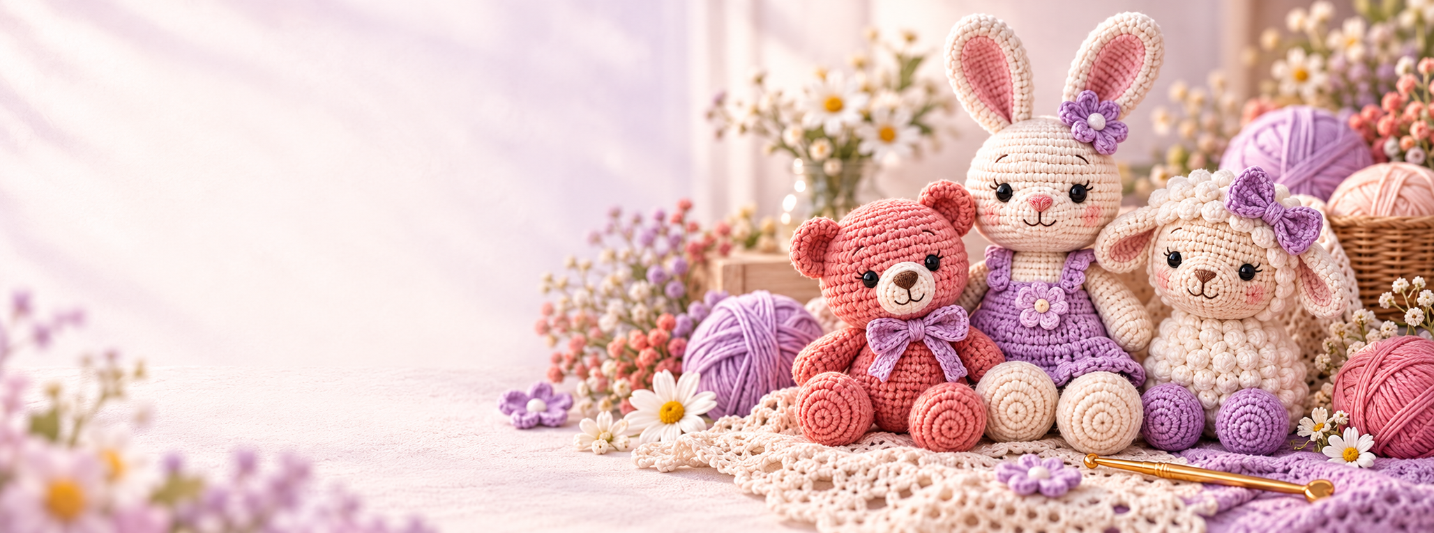 Coleção de coelhinha, ursinho e ovelhinha em amigurumi artesanal