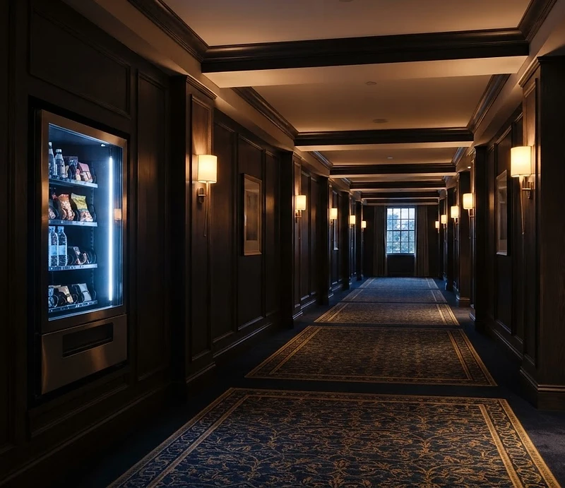 A discreet wall-mounted vending unit glowing softly in a luxury hotel corridor at dusk