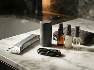Curated premium travel toiletries arranged on marble
