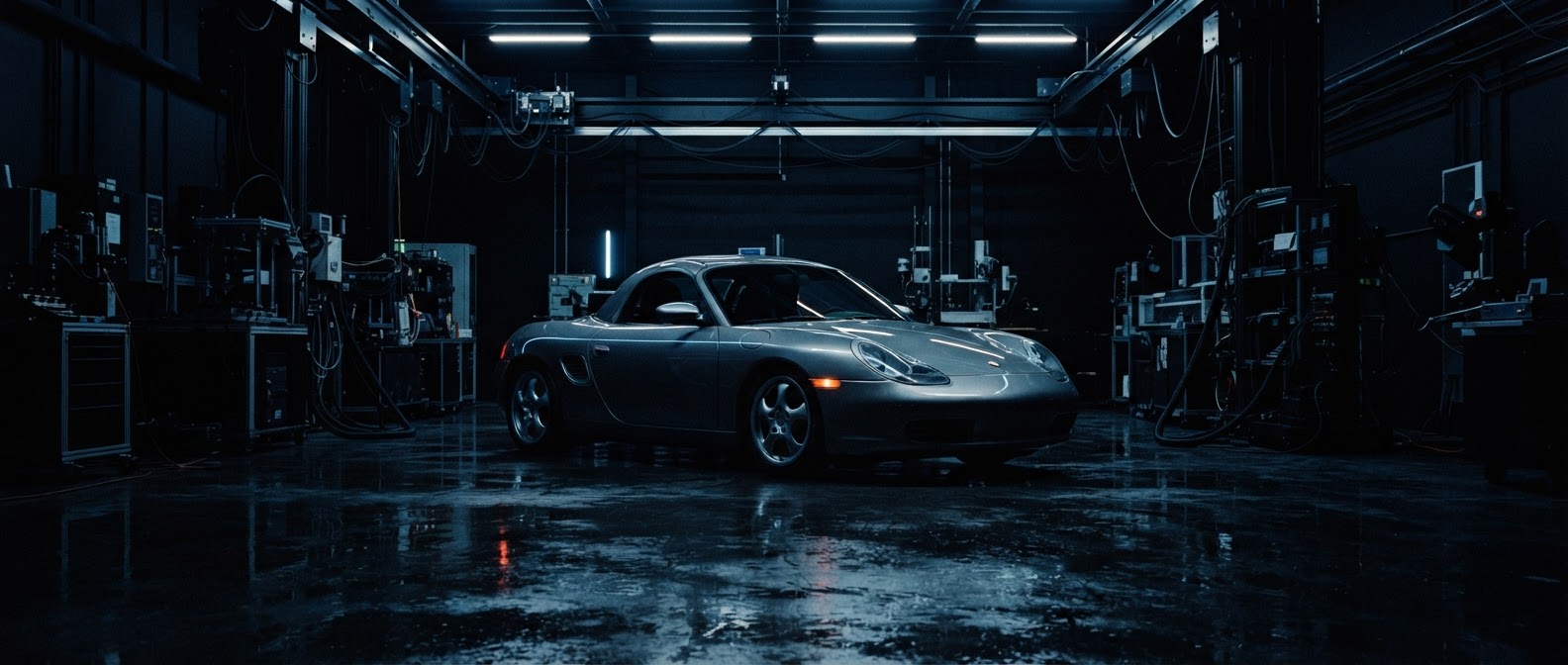 Seal Grey Porsche 986 Boxster at night with the hardtop fitted, rear wing and Cayman wheels