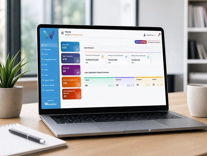 WemaWare platform dashboard on a laptop, on a wooden desk beside a plant and notepad