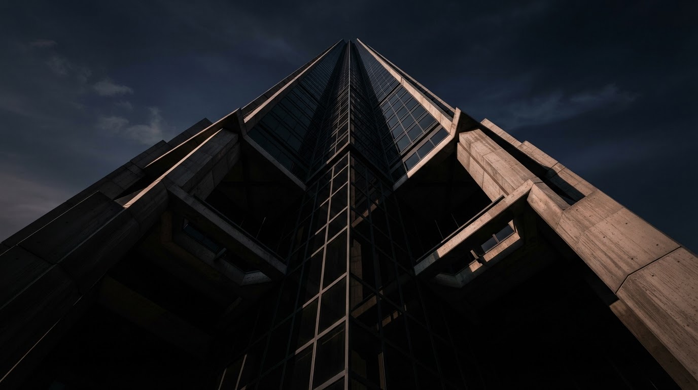 Brutalist architecture reaching skyward