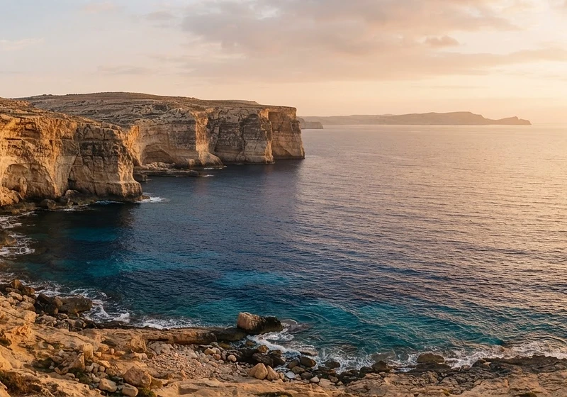 Golden limestone cliffs of the Gozo coastline meeting the sea