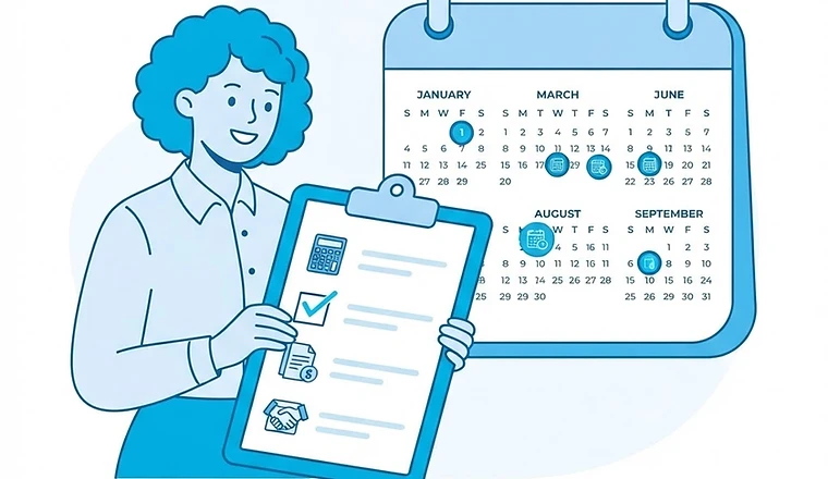 Illustration of a calendar marked with quarterly tax deadlines and a checklist