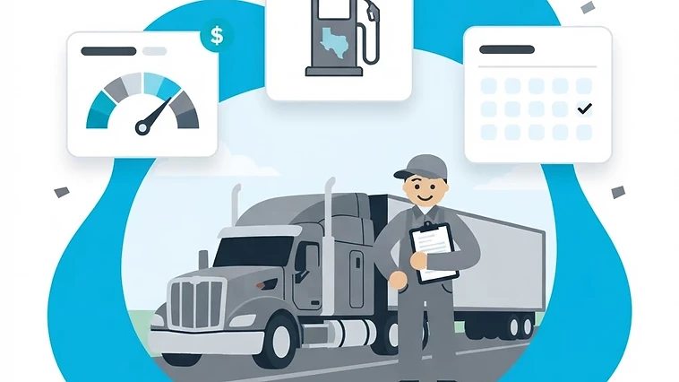 Illustration of an owner-operator with a clipboard beside a semi truck, with floating cards showing cost per mile, fuel by state and a quarterly calendar