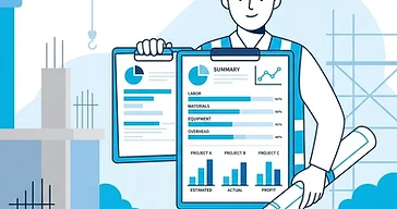Illustration of a contractor reviewing job costing on a clipboard at a construction site