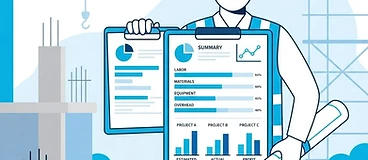 Illustration of a contractor reviewing job costing on a clipboard at a construction site