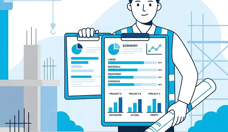 Illustration of a contractor reviewing job costing on a clipboard at a construction site