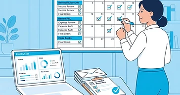 Illustration of a small business owner reviewing a monthly close calendar and a clean P&L report