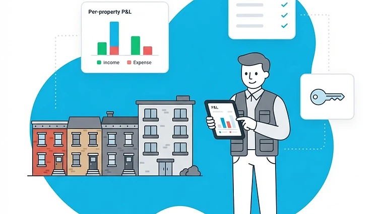 Illustration of a landlord with a tablet beside rental homes, with floating cards showing a per-property P&L chart and a rent roll