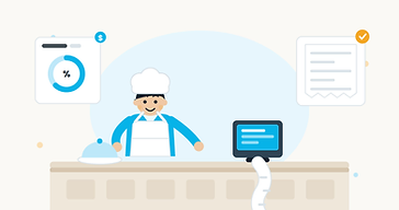 Illustration of a chef behind a counter with a POS system, a cloche, and floating chart and document cards
