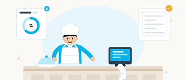 Illustration of a chef behind a counter with a POS system, a cloche, and floating chart and document cards