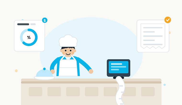 Illustration of a chef behind a counter with a POS system, a cloche, and floating chart and document cards