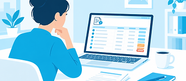 Illustration of a small business owner reviewing an aging list of unpaid invoices on a laptop