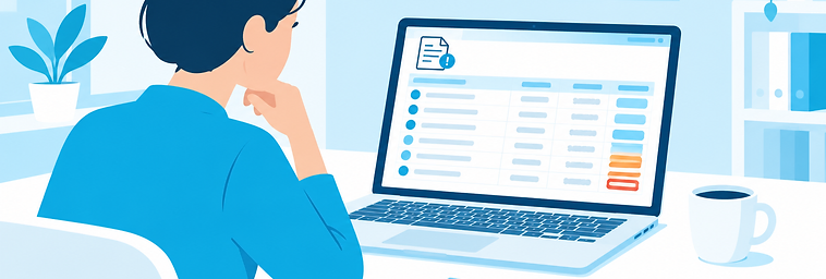 Illustration of a small business owner reviewing an aging list of unpaid invoices on a laptop