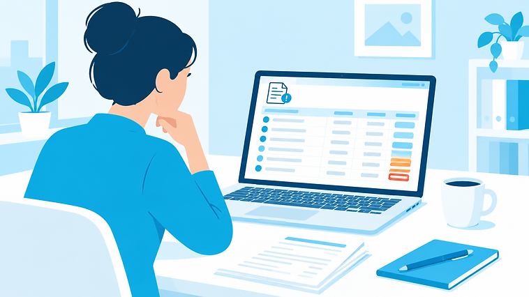 Illustration of a business owner reviewing a list of unpaid invoices on a laptop