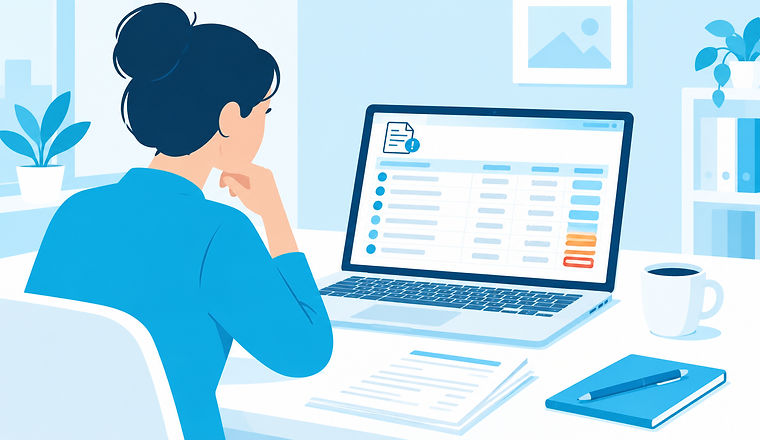 Illustration of a small business owner reviewing an aging list of unpaid invoices on a laptop